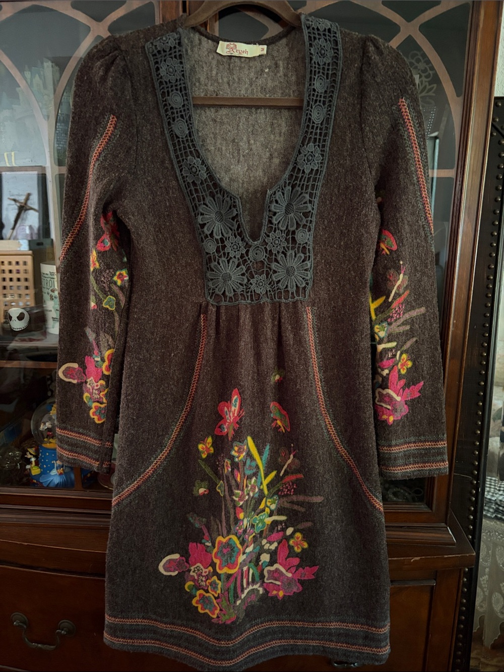 Aryeh Brown Knit Dress with Multicolor Floral Embroidery